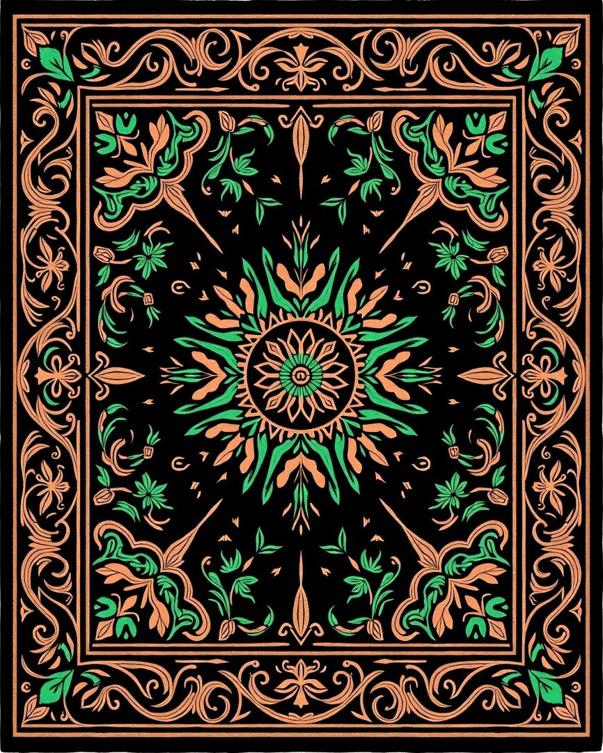 Ornate Black Coral Sun Medallion Rug