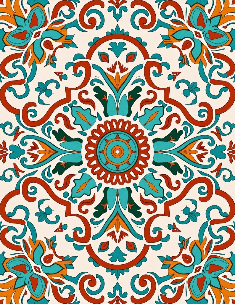 Turquoise Orange Indian Floral Mandala Rug