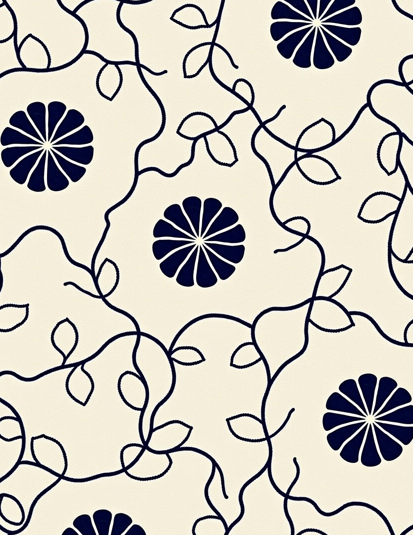 Navy Floral Vine Cream Background Rug