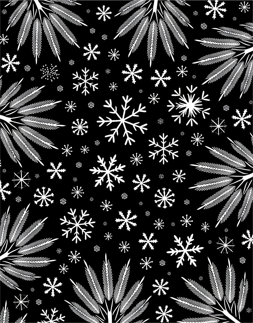 White Snowflakes and Ferns on Black Rug