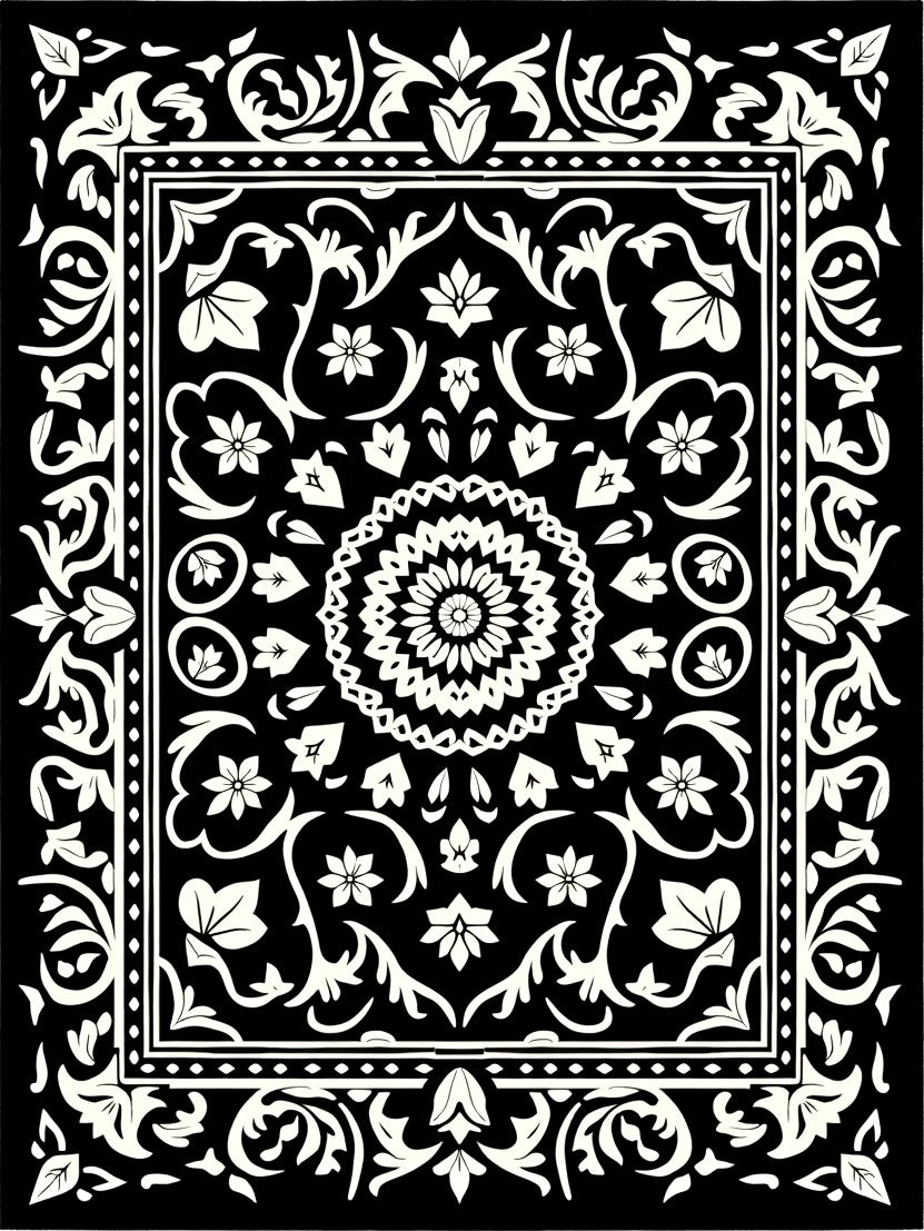 Bold Black White Floral Arrangement Rug