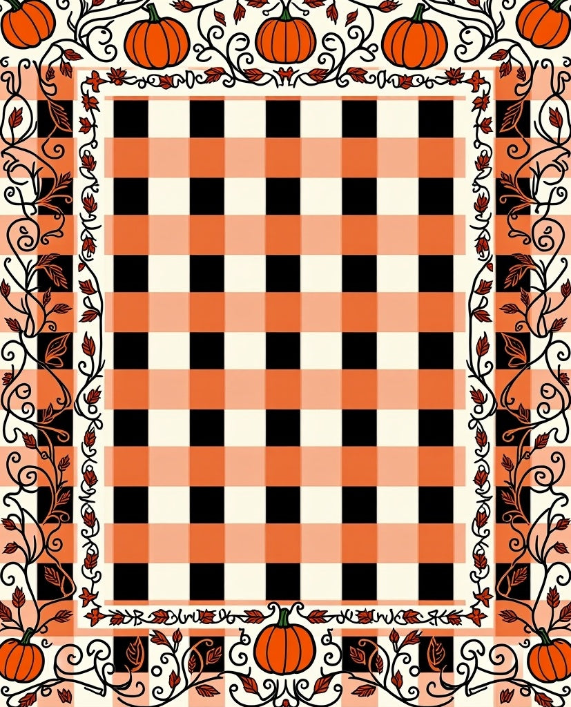 Orange Black Gingham Pumpkin Vine Border Rug