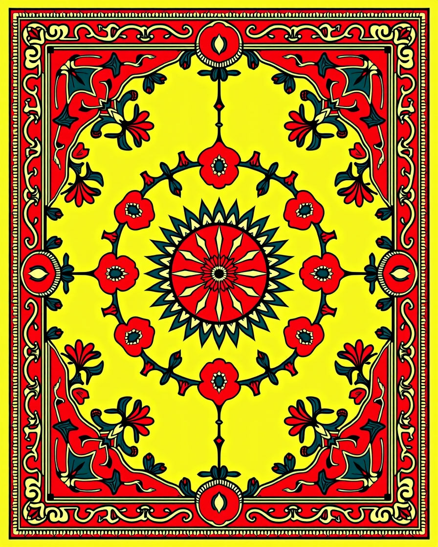 Vibrant Yellow Red Floral Medallion Rug