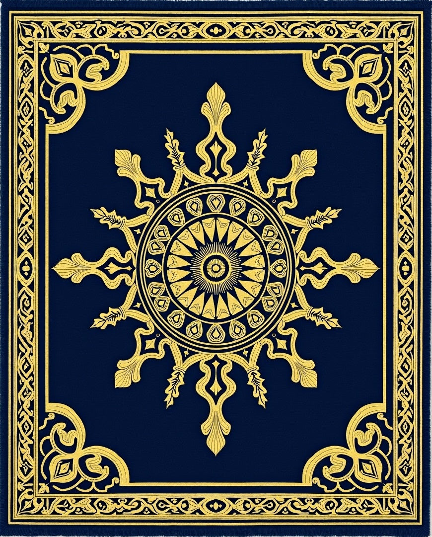 Royal Blue Gold Sunburst Medallion Rug