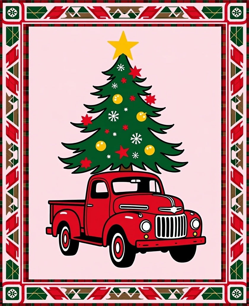Festive Red Truck Christmas Tree Border Rug