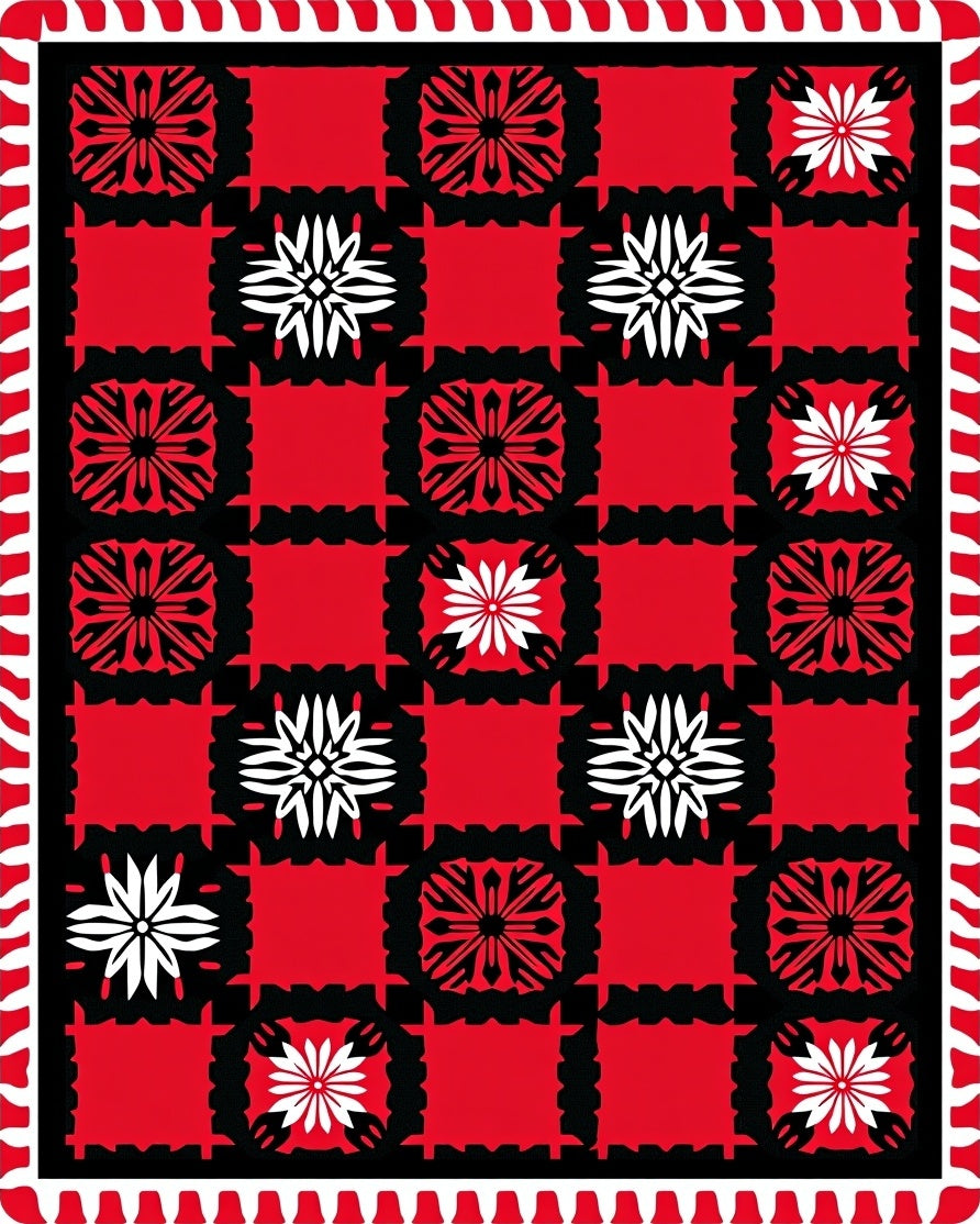 Bold Red Black Floral Check Rug