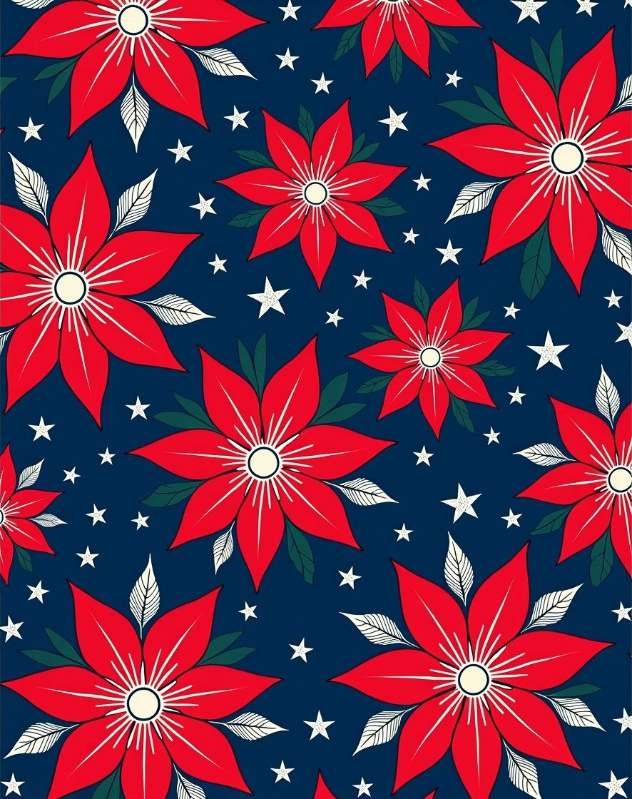 Red Poinsettia Stars Navy Rug
