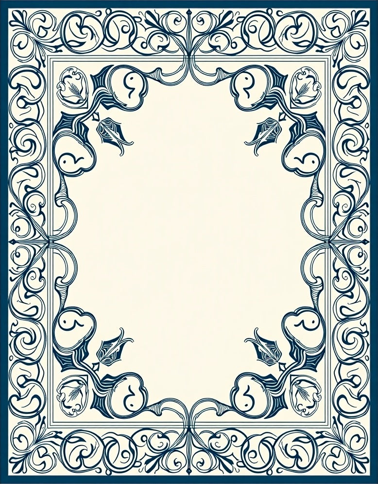 Navy Ivory Floral Scroll Border Rug