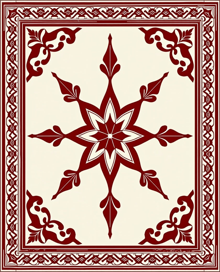 Crimson Starburst and Scrollwork Border Rug