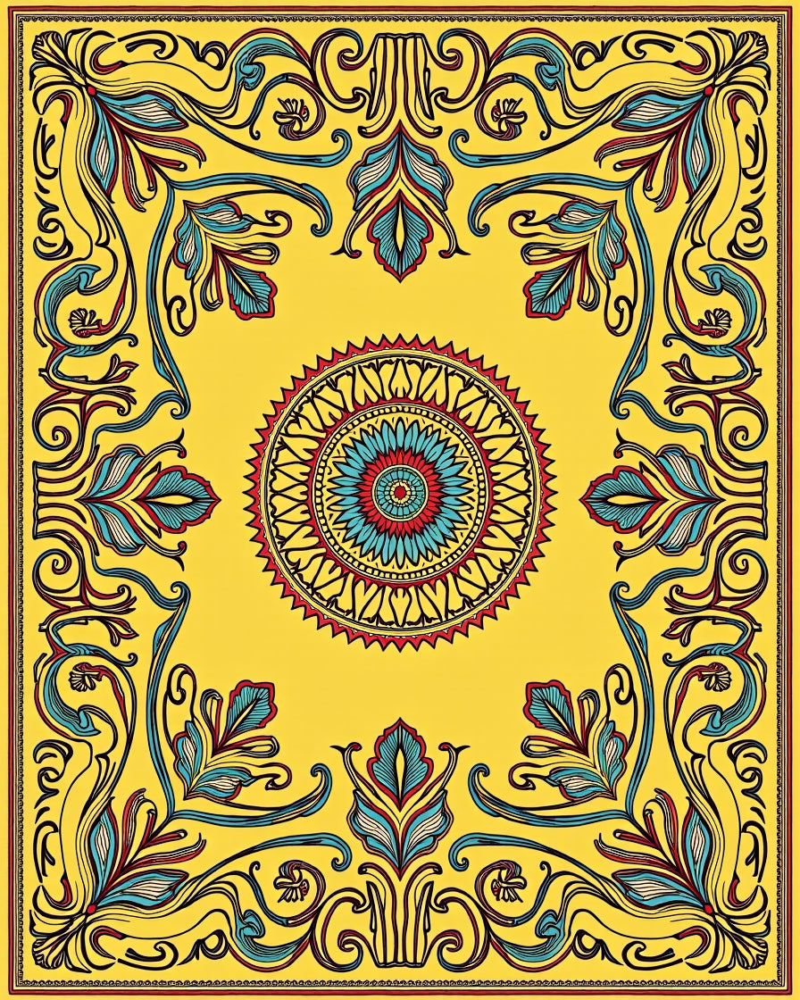 Vibrant Yellow Floral Medallion Border Rug