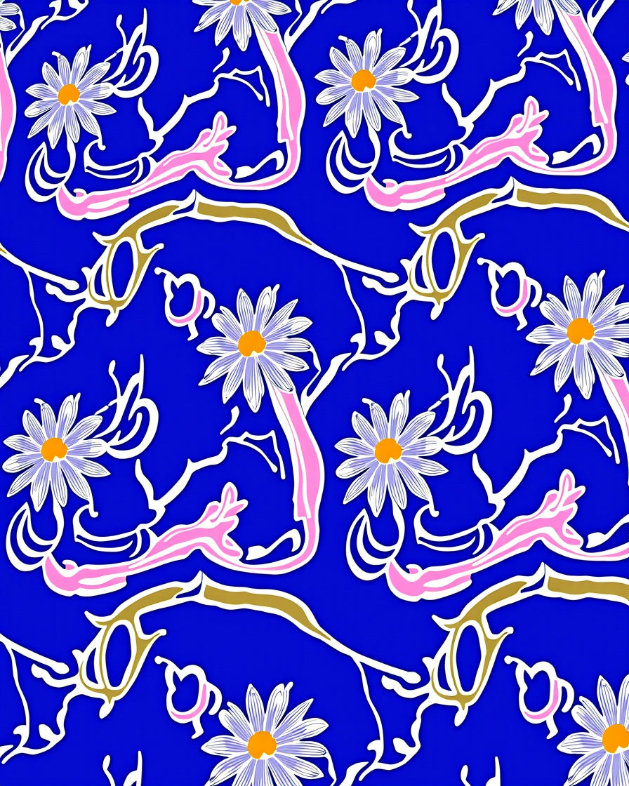 Whimsical Blue Daisy Floral Swirl Rug
