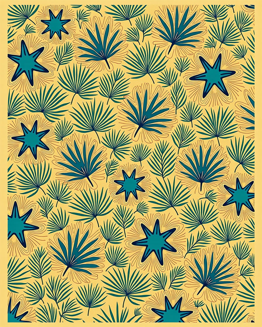 Teal Starburst Foliage Yellow Background Rug