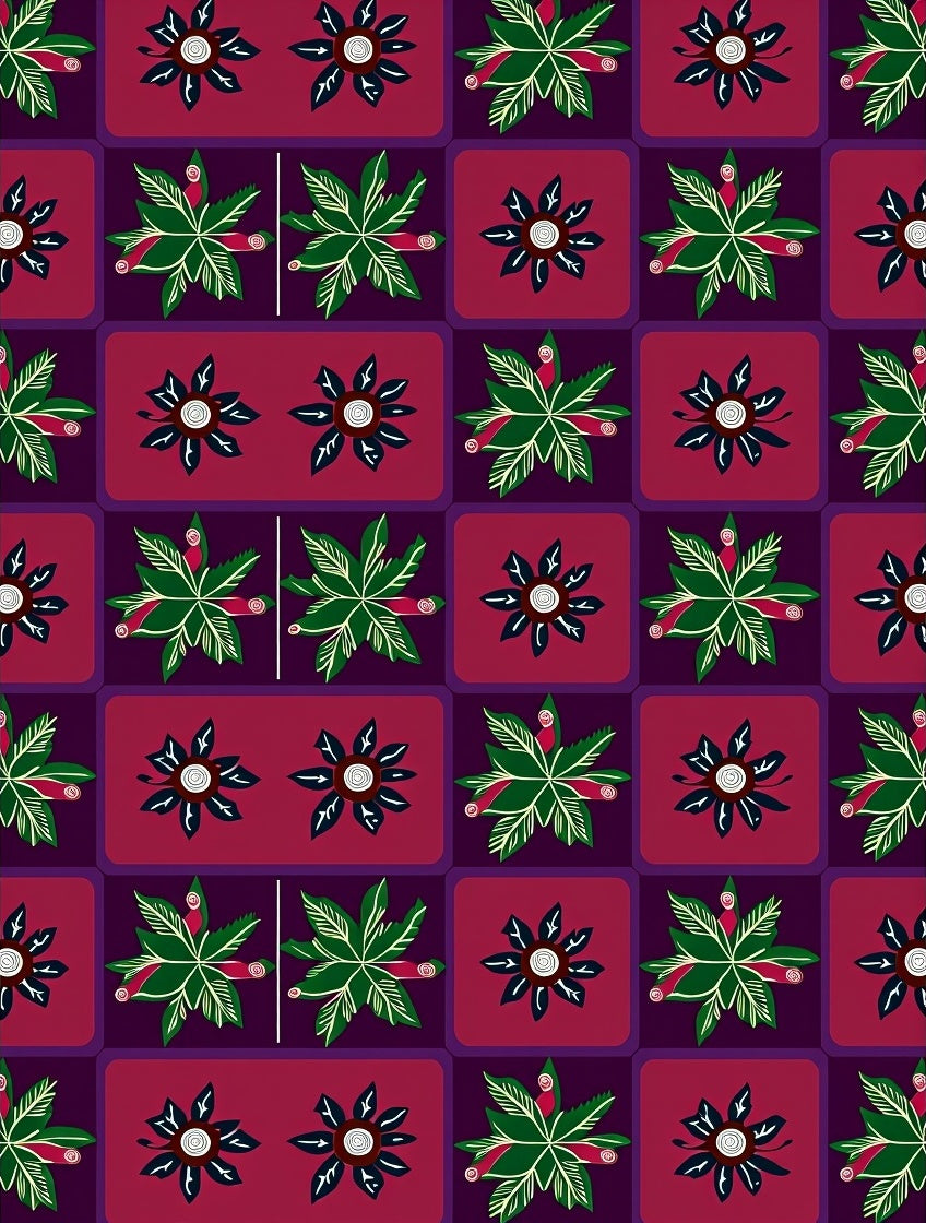 Bold Plum Deep Green Floral Grid Rug
