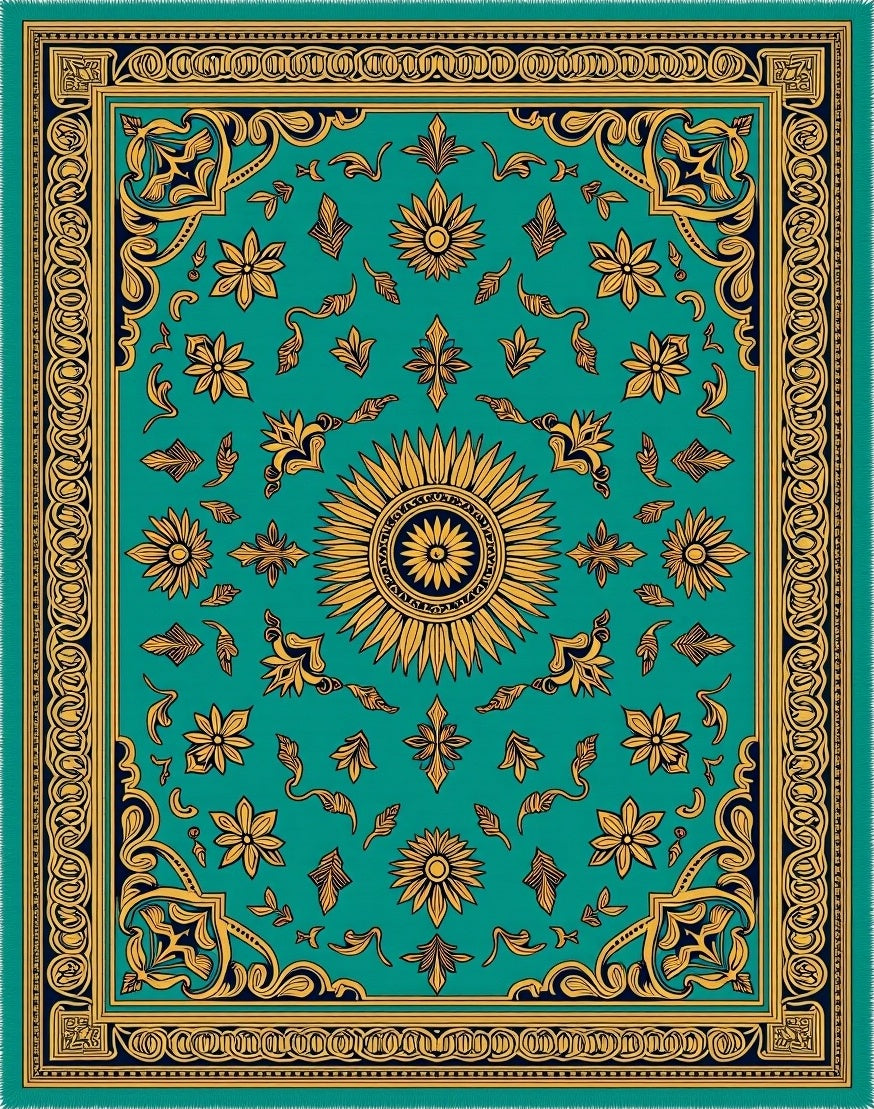 Golden Teal Floral Sunburst Medallion Rug