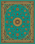 Golden Teal Floral Sunburst Medallion Rug