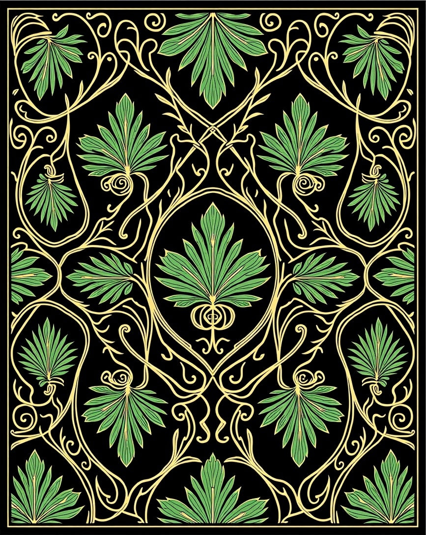 Art Nouveau Green Leaf Swirl Black Rug