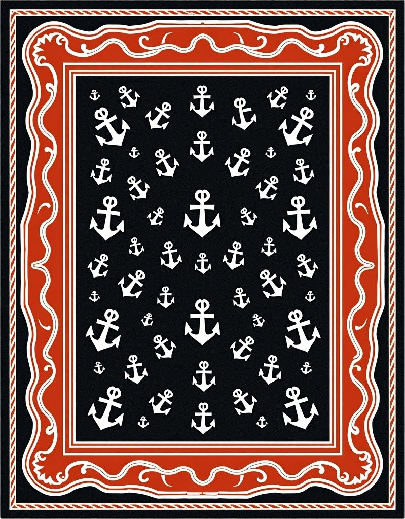 Nautical Anchor Navy Orange Border Rug