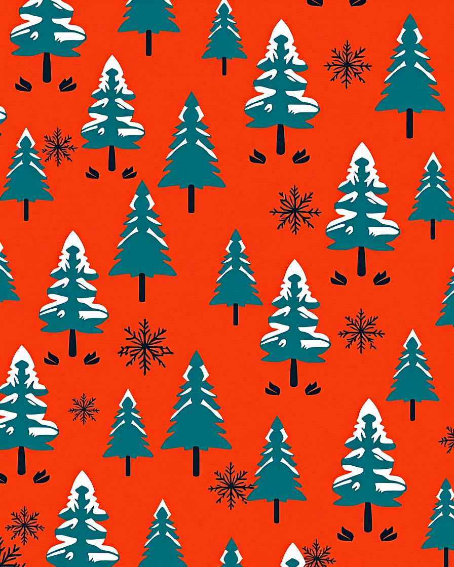 Teal Snow-Dusted Pineflakes On Orange Rug