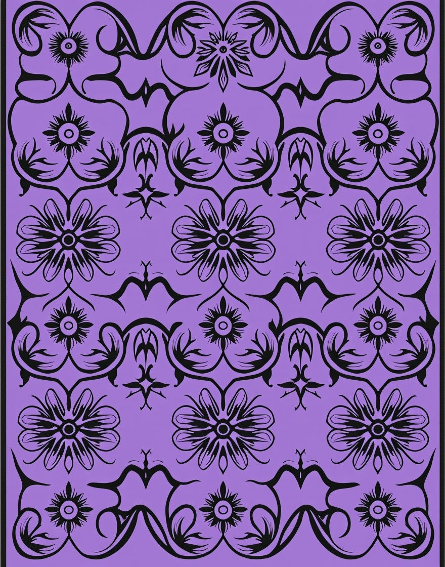 Orchid Black Floral Vine Scroll Rug