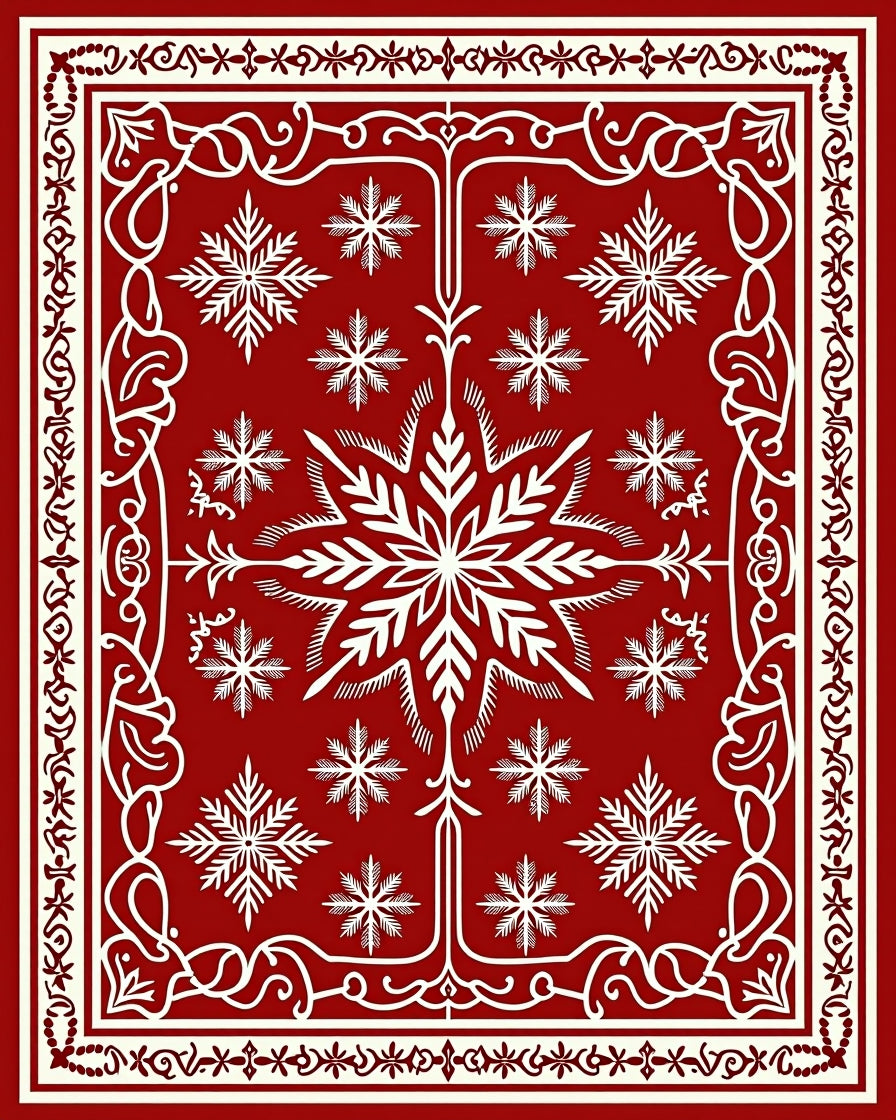Crimson Red White Snowflake Medallion Rug