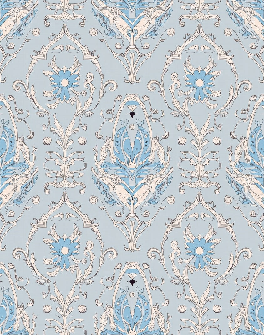 Pale Blue Baroque Floral Damask Rug