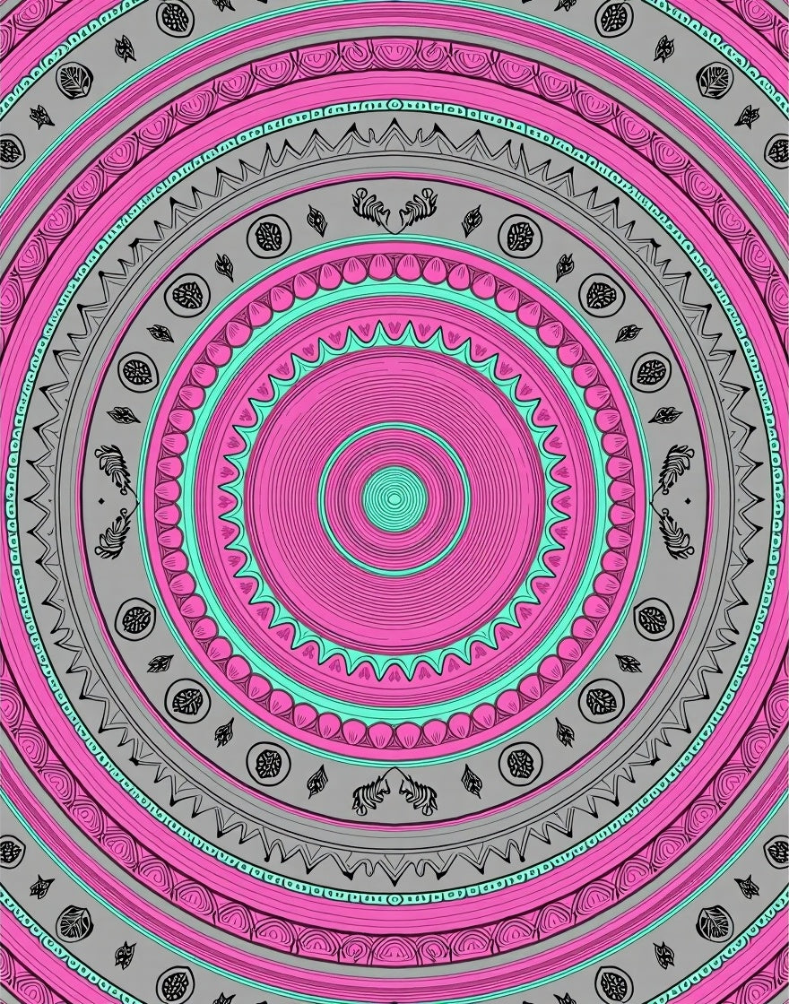 Pink Turquoise Gray Concentric Mandala Rug