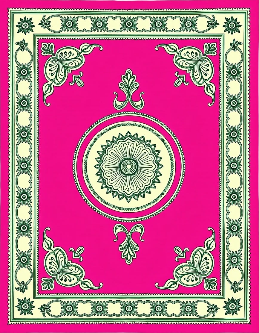Vibrant Pink Green Floral Medallion Border Rug