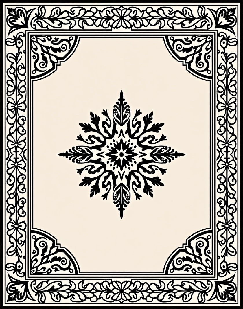 Black Ivory Ornate Medallion Frame Rug