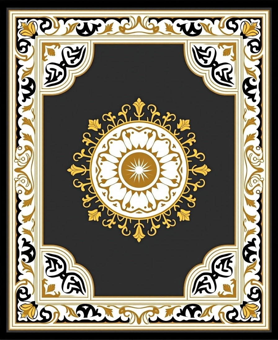 Ornate Gold Black White Medallion Border Rug