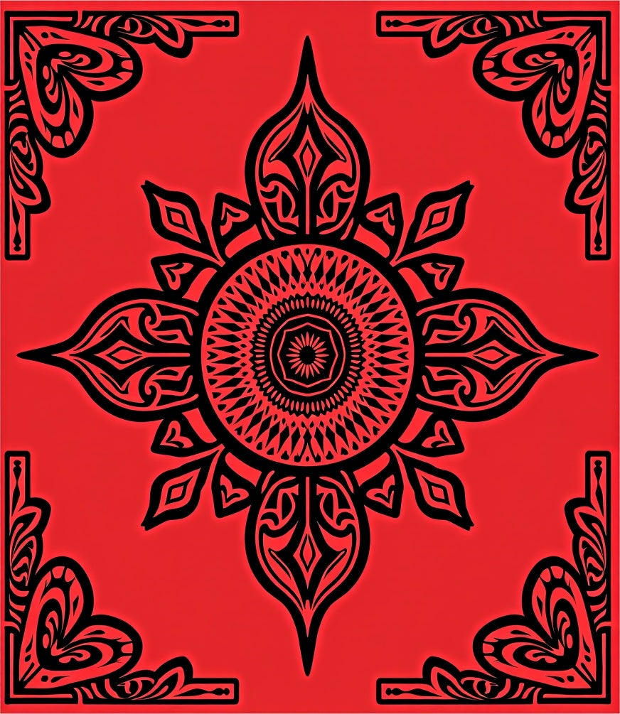 Bold Black Mandala Red Rug