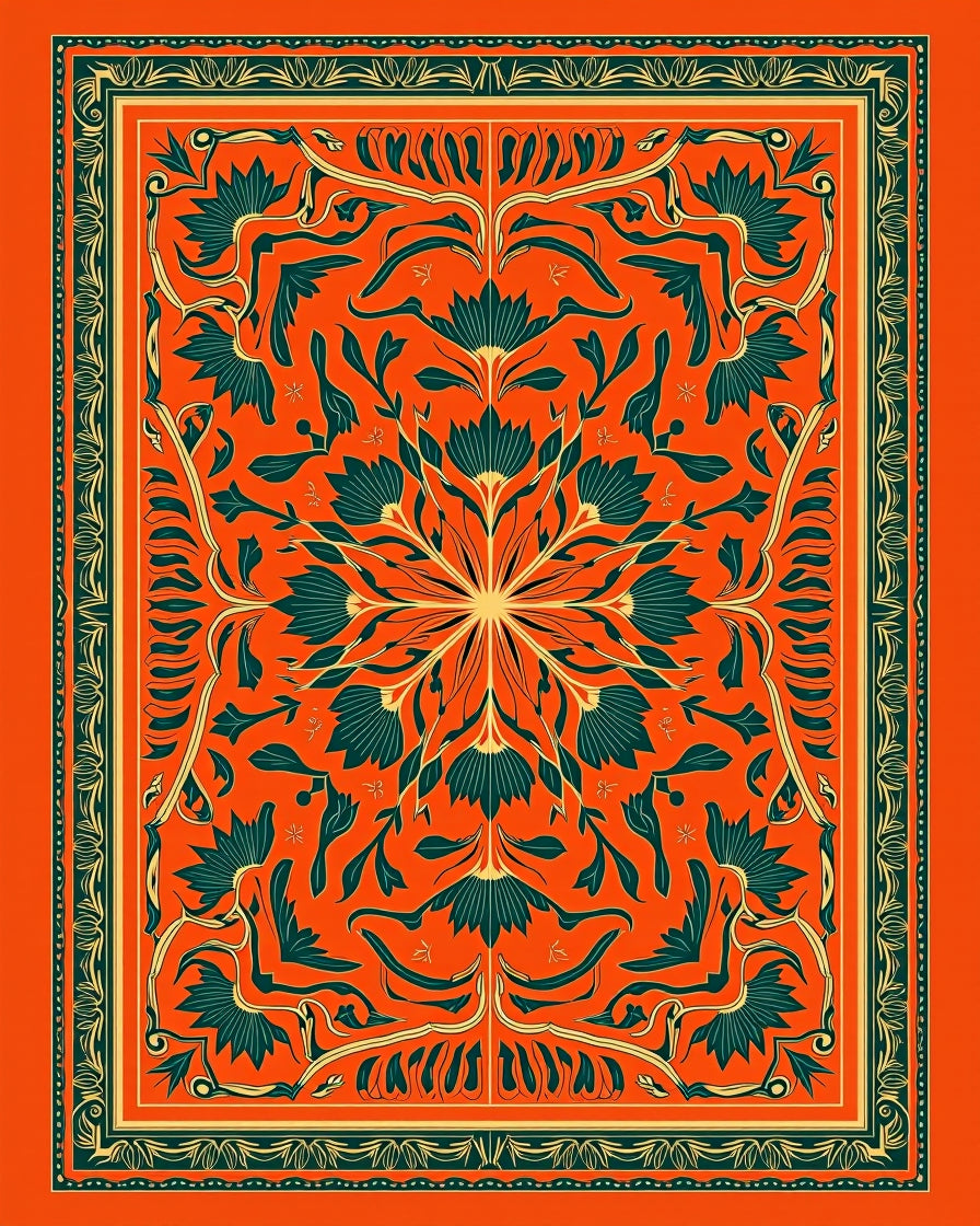 Vibrant Orange Teal Floral Medallion Rug