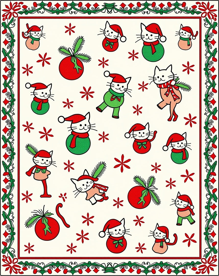 Festive Cat Christmas Ornaments Border Rug