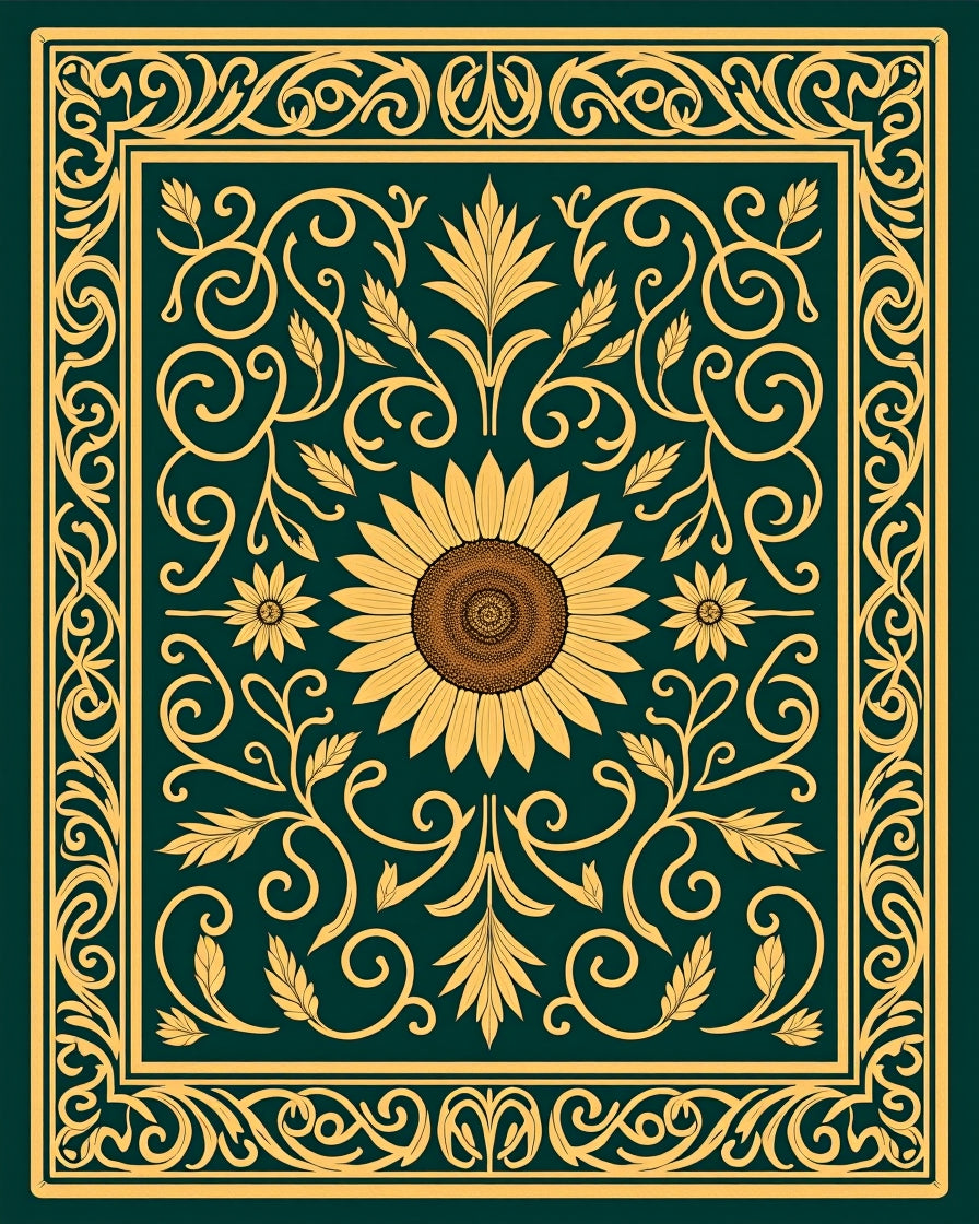 Golden Sunflower Floral Scroll Rug