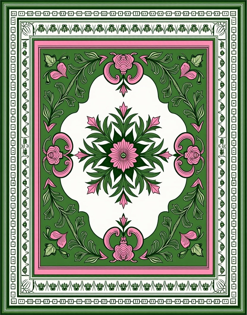Green Pink Floral Garden Square Rug