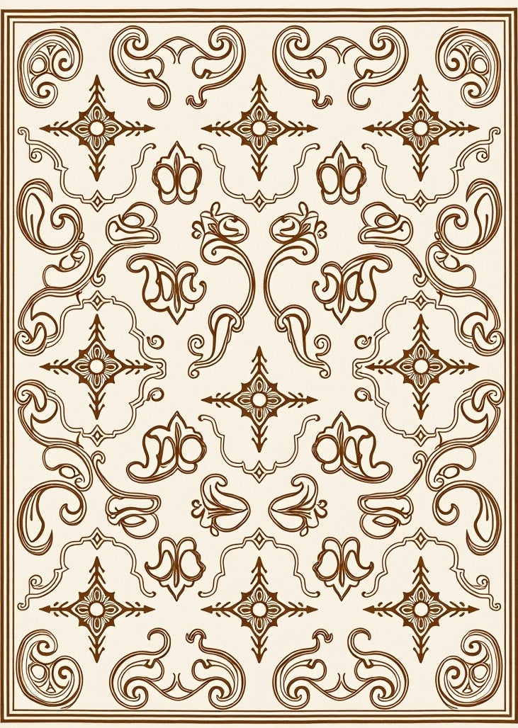 Cream Brown Vintage Scroll Medallion Rug