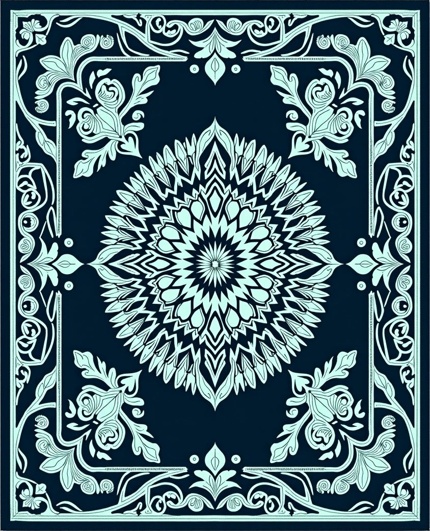 Navy Mint Leaf Mandala Rug