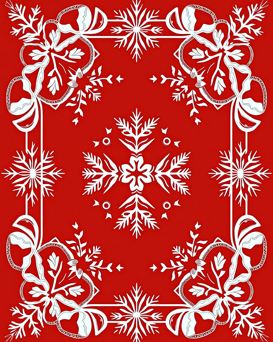 Red White Snowflake Ribbon Border Rug