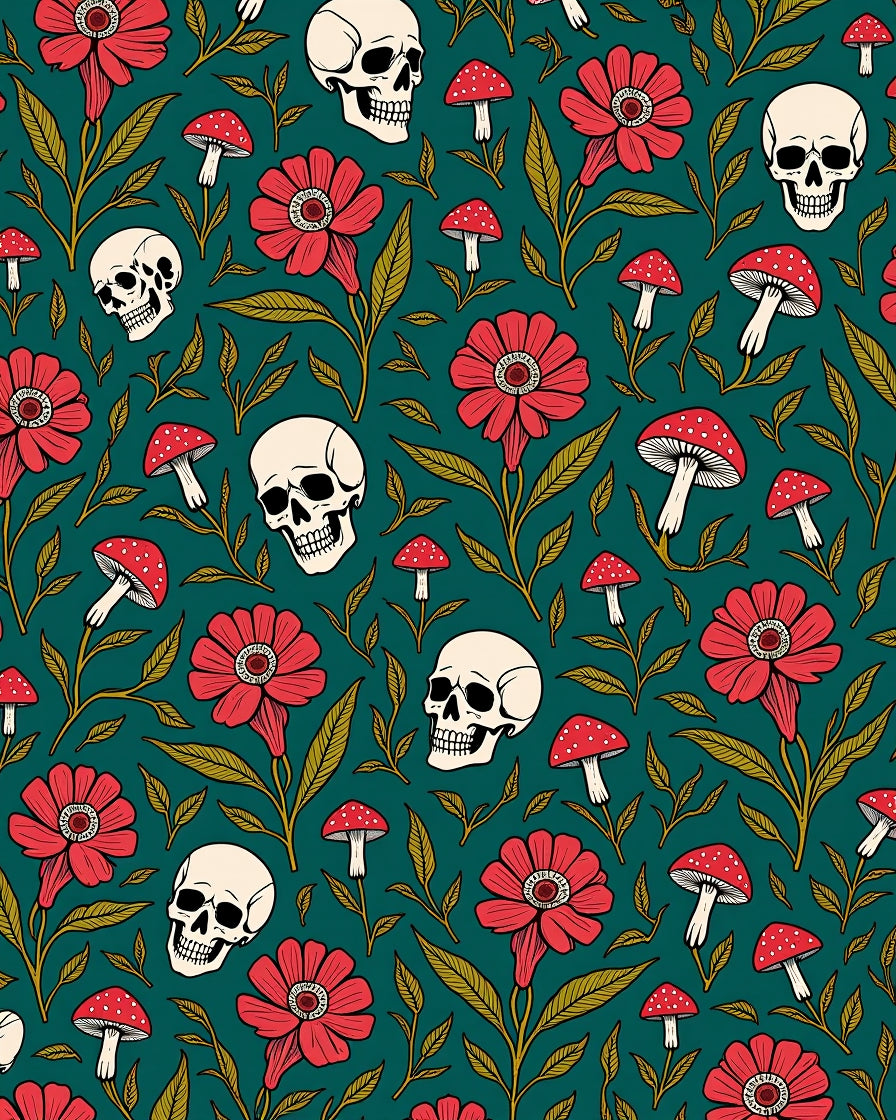 Dark Teal Skull Mushroom Floral Arrangement Rug