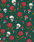 Dark Teal Skull Mushroom Floral Arrangement Rug