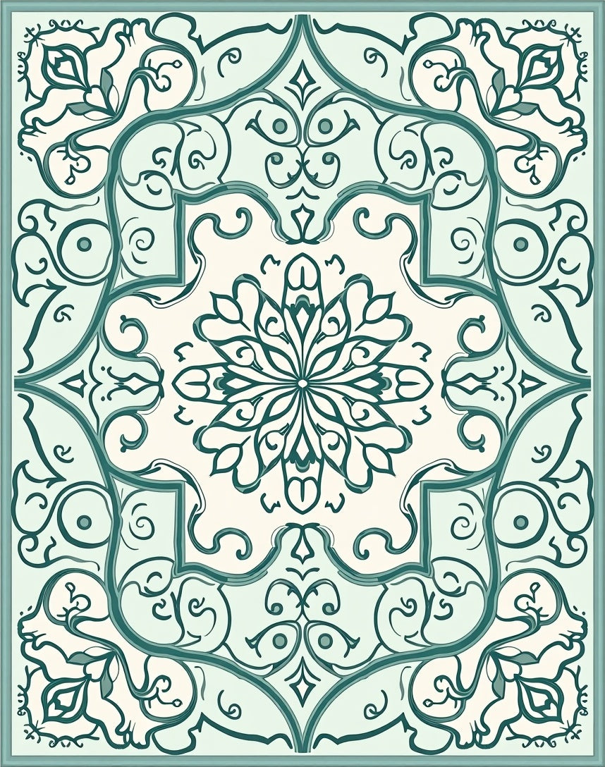 Teal Floral Scrollwork Tile Rug