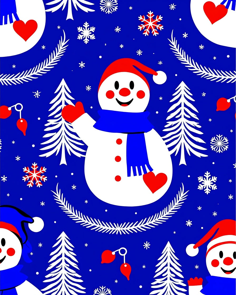 Jolly Snowman Red Hat Blue Scarf Trees Rug
