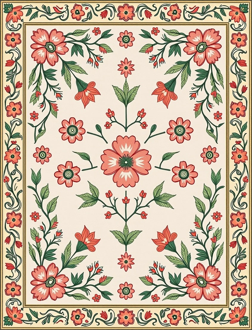 Coral Floral Border Garden Rug