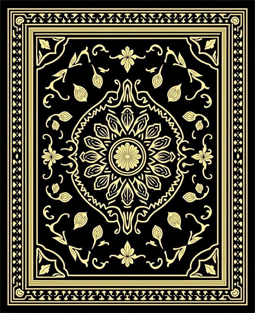Black and Gold Floral Medallion Border Rug