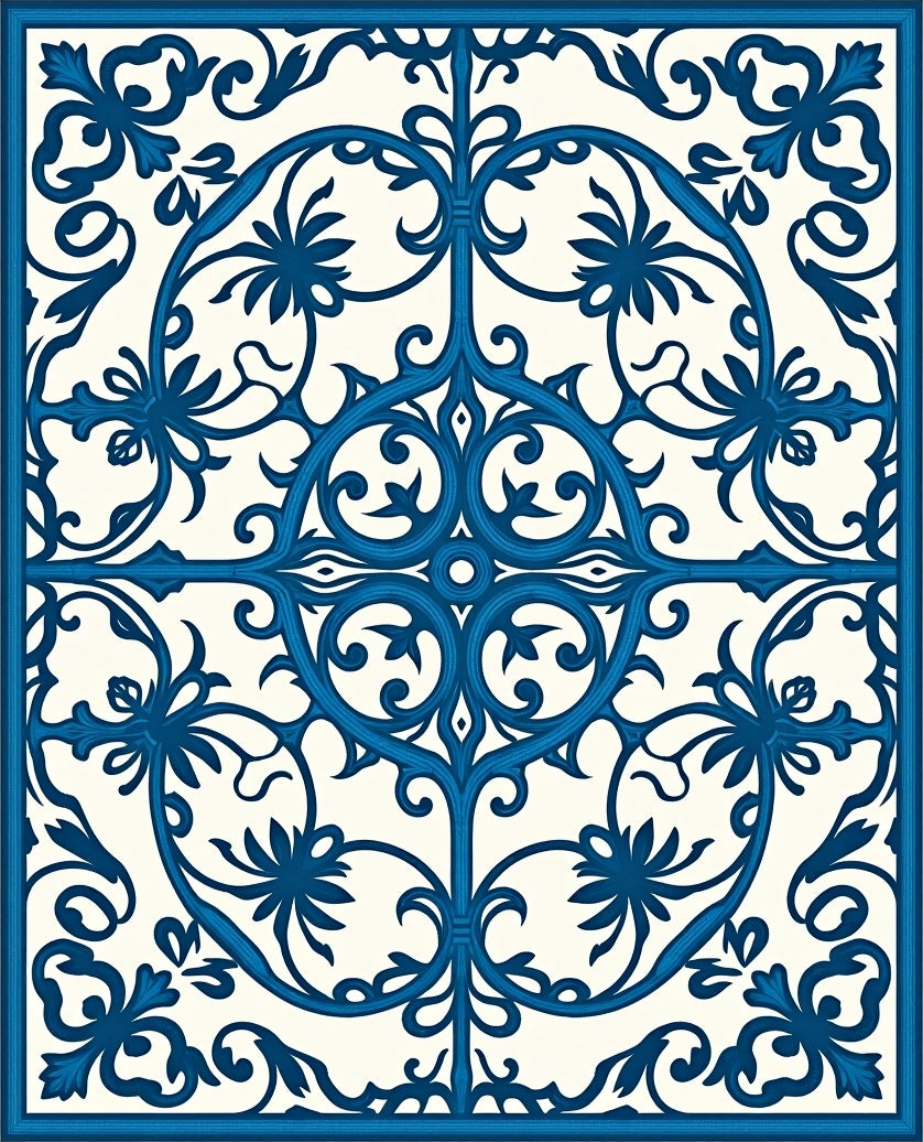 Deep Blue Victorian Floral Scroll Rug