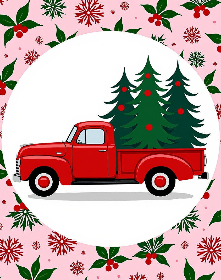 Red Vintage Truck Christmas Trees Rug