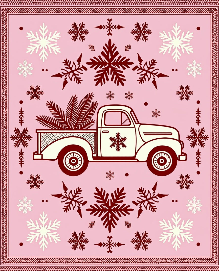 Vintage Red Truck Snowflake Motif Rug
