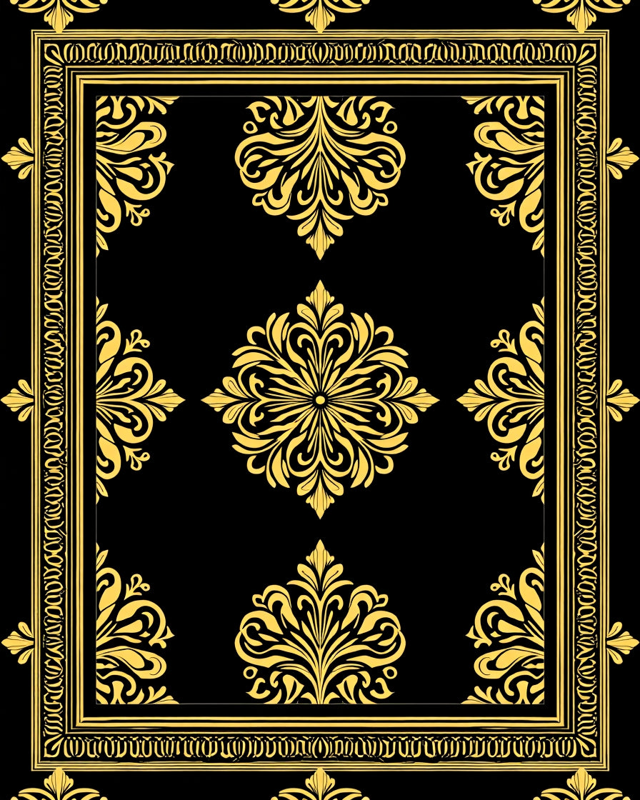 Golden Black Elaborate Floral Border Rug