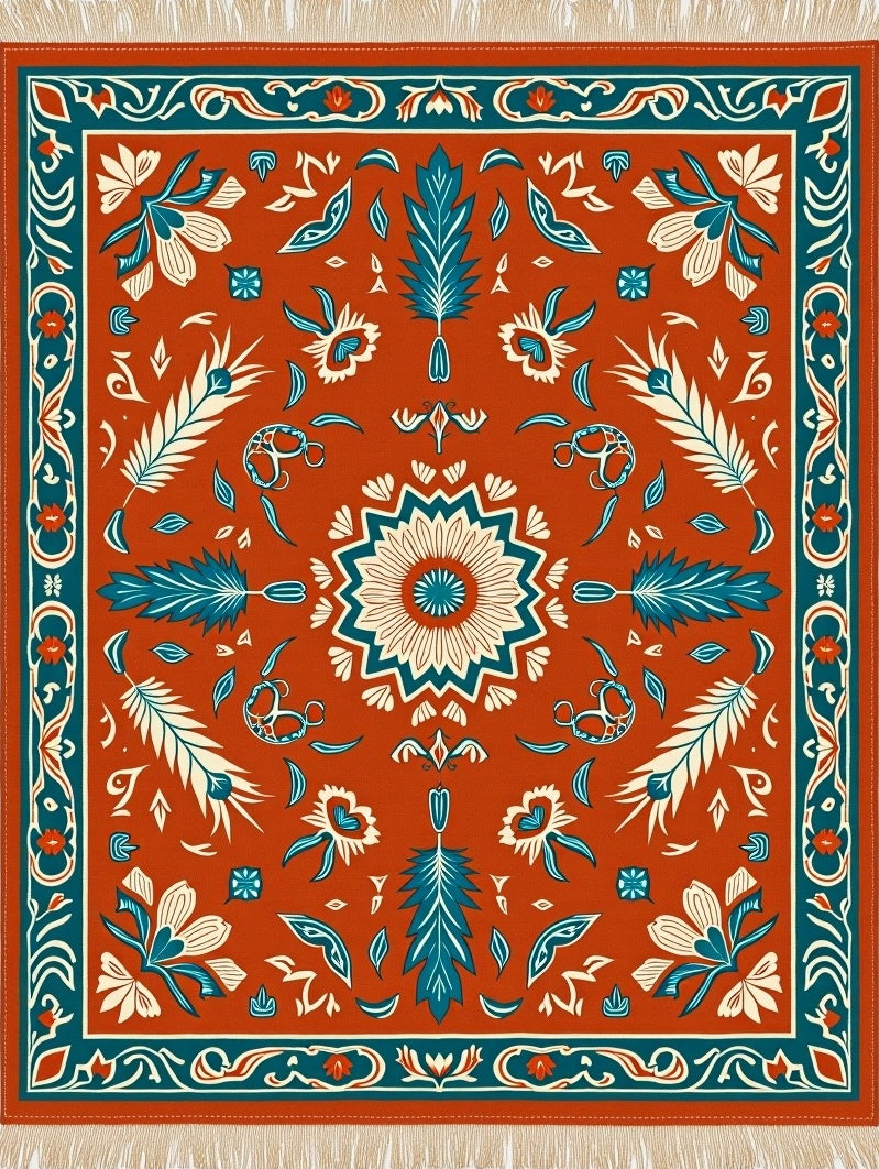 Terracotta Floral Medallion Teal Border Rug