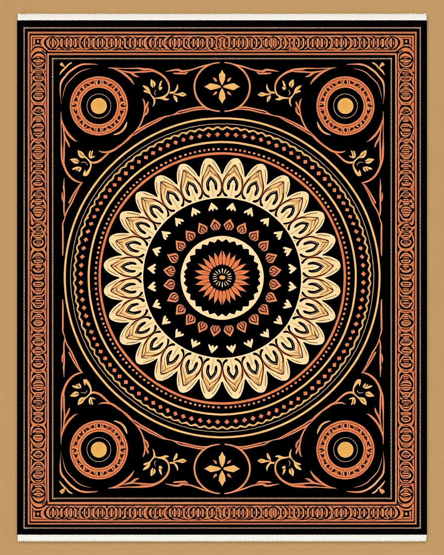 Ornate Black Ochre Mandala Rug