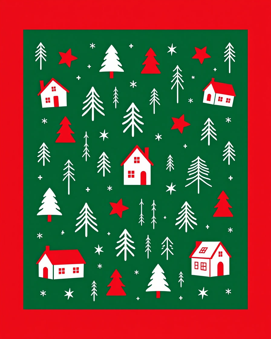 Holiday Houses Trees Stars Green Red Rug